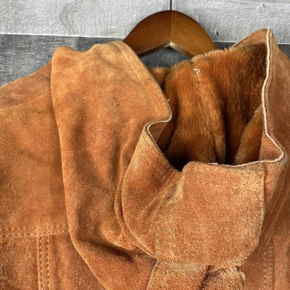 Vtg Hi Gear Mens S Rust Brown Leather Suede Jacket Lined Hooded Heavy‎ Western